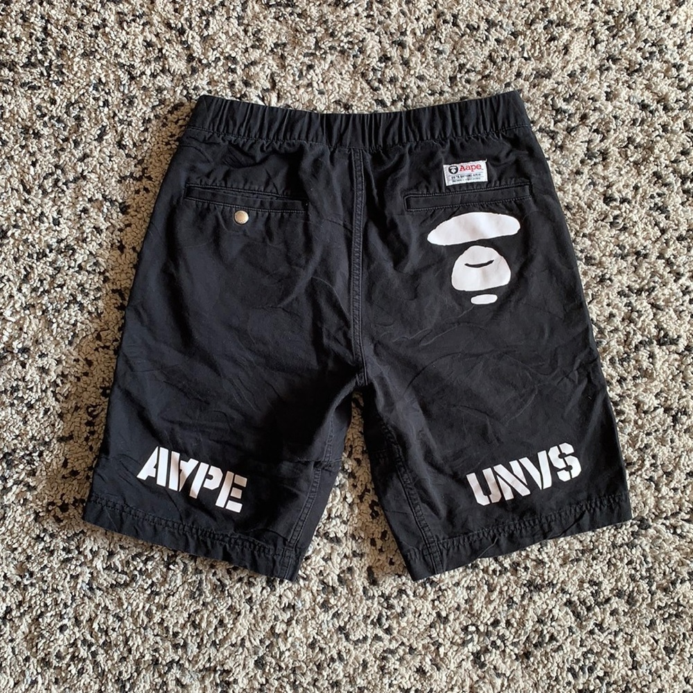 Aape Men’s Black White AAPE Universe Text Logo Belted Waist Shorts Size Small